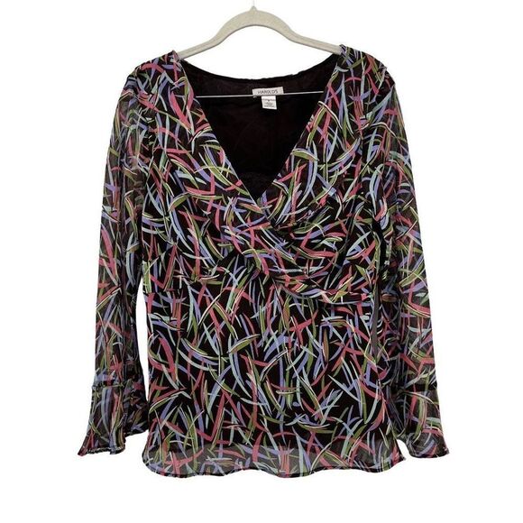 Harold's Tops - Harold's Silk Blouse Abstract Print‎ Long Sleeve Sheer Top Babydoll Y2K Size 8